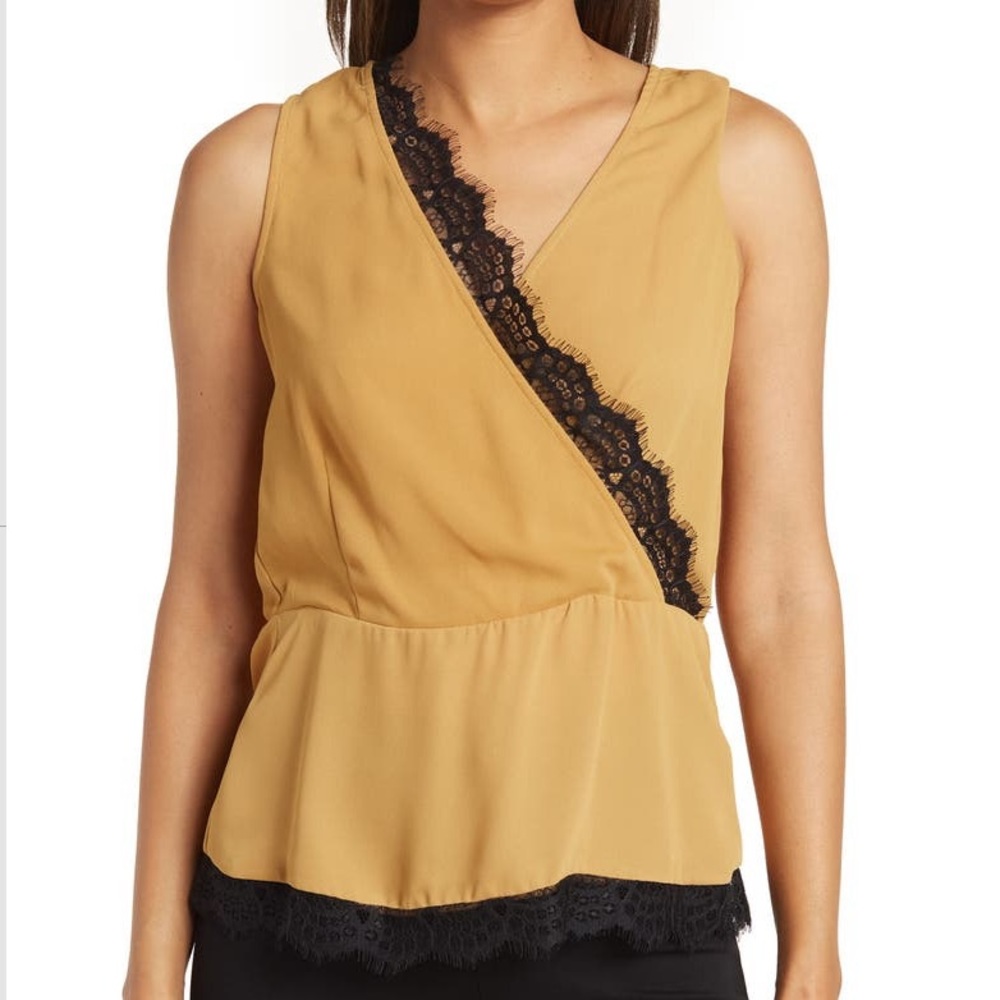 Pleione Yellow Lace-trimmed Peplum Blouse in Medium